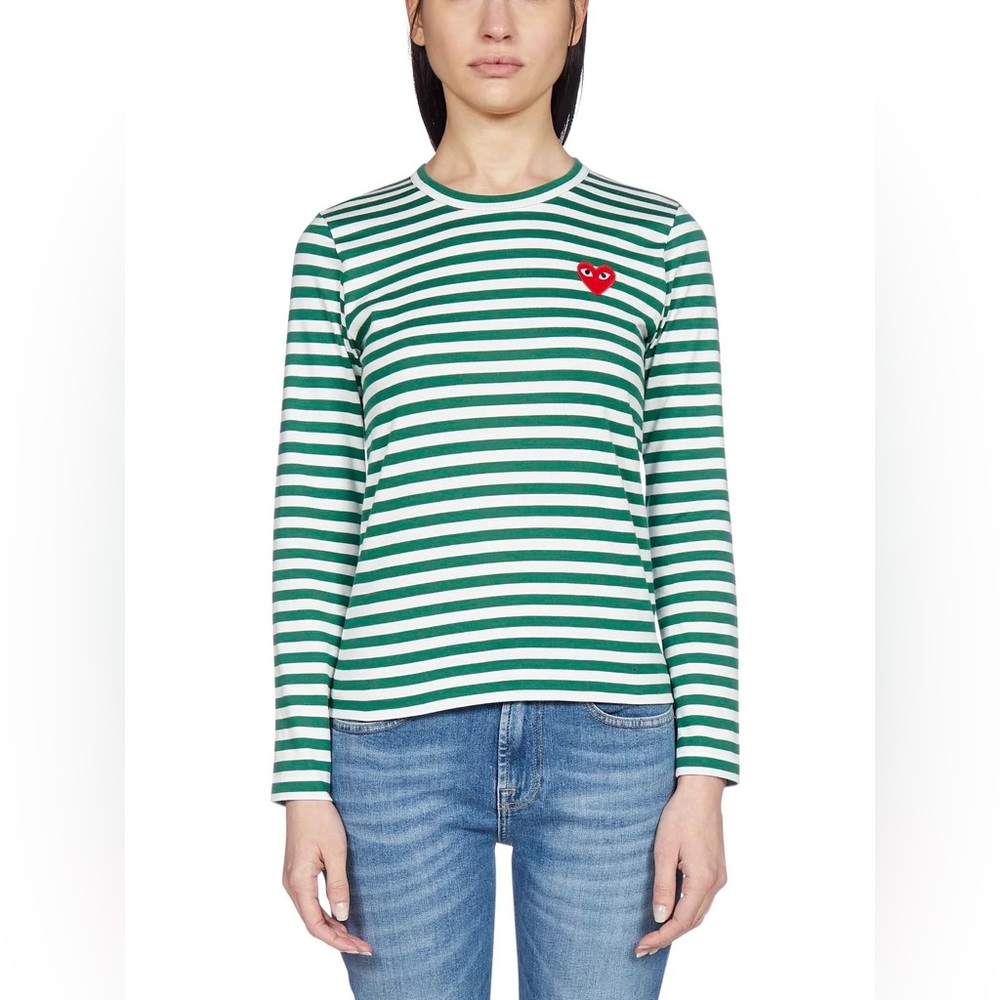 Comme des Garçons PLAY Green Stripe Heart Long Sleeve Tee